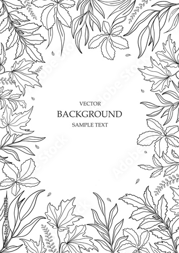 Floral vector template with leaves, plants for greeting card. Silhouette of abstract natural elements. Vector plant print for holiday poster, background, cover, banner, invitation. 
