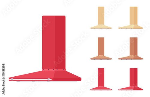 Kitchen hood set, wall mount filter kit. Chimney stove vent, healthy cooking and easy home air cleaning. Vector flat style cartoon illustration isolated on white background, different colors and view