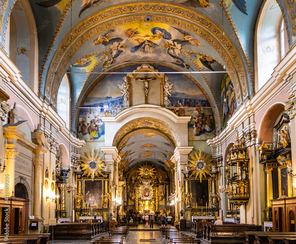 Main nave of St. Mary Basilica in Bernardine Order monastery within the Calvary pilgrimage Mannerist complex in Kalwaria Zebrzydowska in Poland