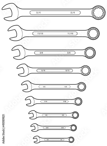 Line illustration of a set of Imperial dimensioned wrenches. photo