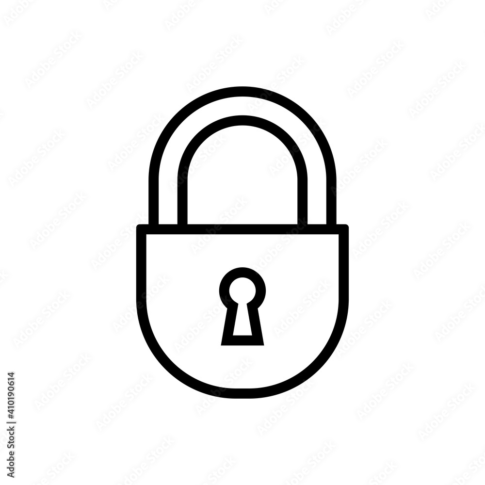 Padlock icon. Black linear contour silhouette. Front view. Vector flat graphic illustration. The isolated object on a white background. Isolate. Padlock icon. Black linear contour silhouette. Front view. Vector flat graphic illustration. The isolated object on a white background. Isolate.