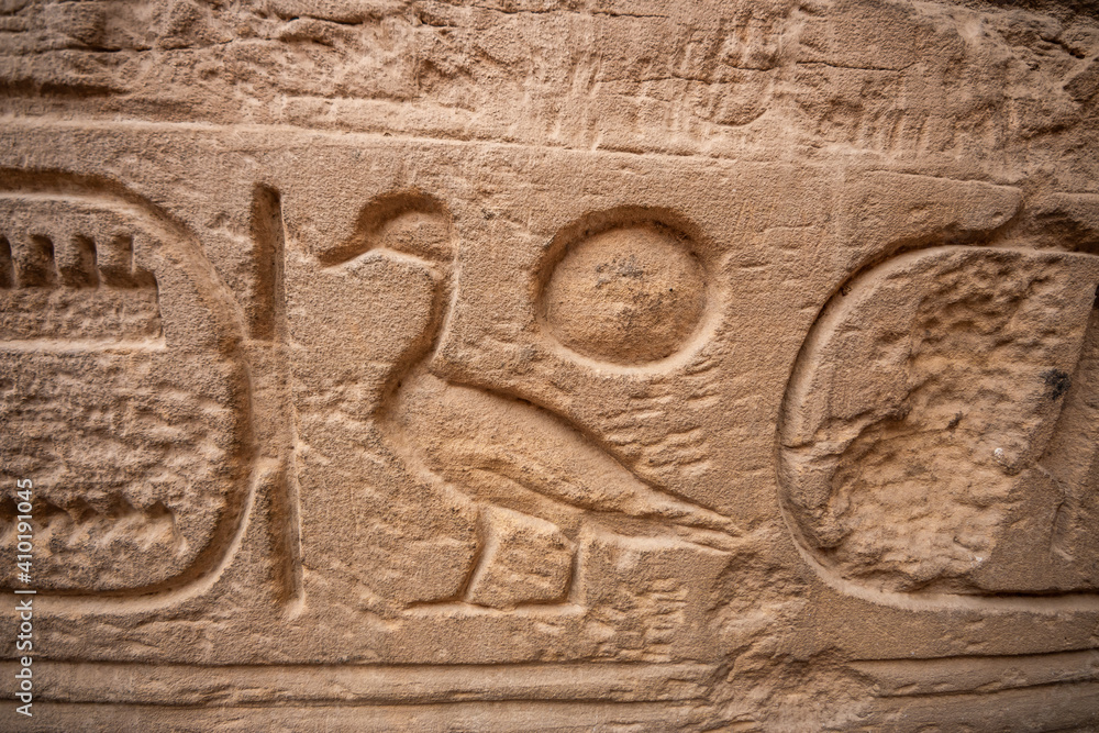 Sa-Ra hieroglyph. Son of Re as duck and sun. Son of the egyptian solar deity. Ancient Egyptian hieroglyphs on a wall in the Karnak Temple of Luxor