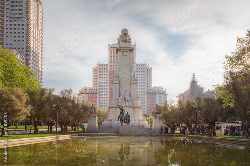 Plaza de Espaa in central Madrid, the capital city of Spain features a monument to Miguel de Cervantes who famously wrote Don Quixote photo