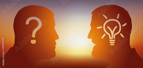 Concept de la réflexion intellectuelle à la recherche d’une solution avec pour symbole, deux hommes face à face, l’un posant une question, l’autre lui apportant la réponse.