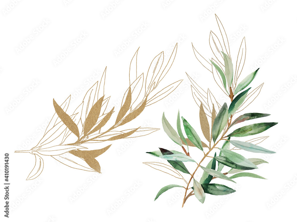 Obraz premium Watercolor green and golden Olive branches illustration