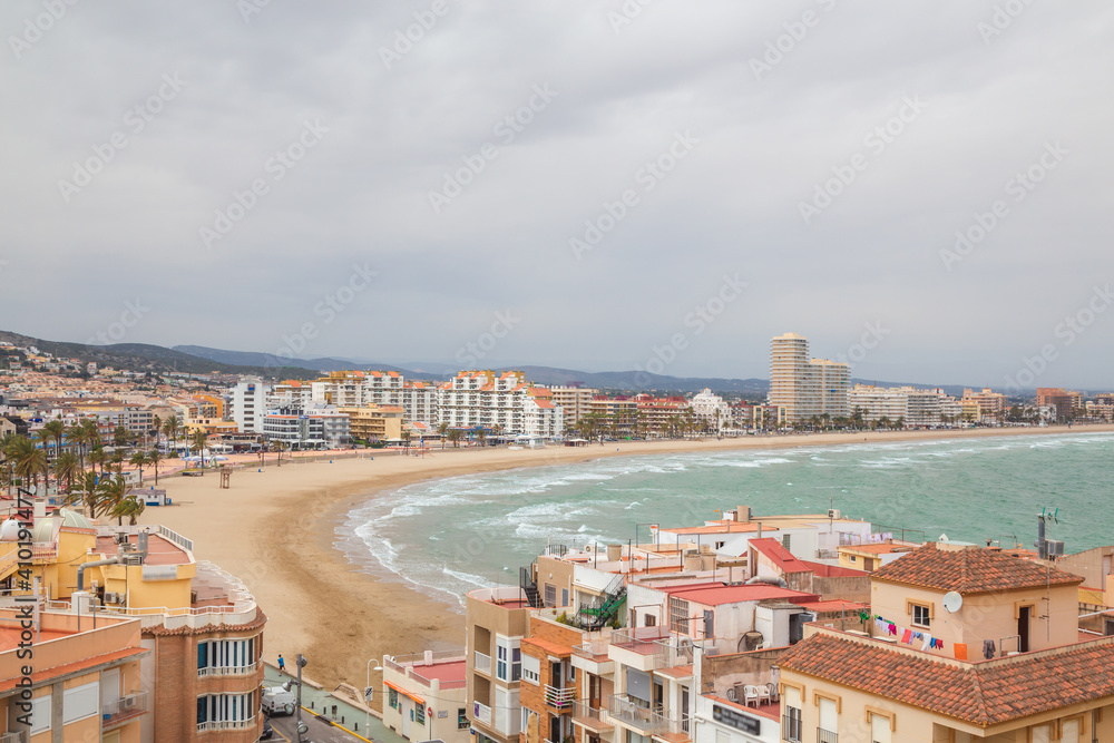 Fototapeta premium A view of the old town of Peniscola, Spain, an historical coastal town characterised by it white wash homes and architecture. Taken from Penisola Castle