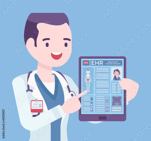 Electronic health record, EHR digital patient tablet chart, male doctor. Young man holding device with clinical data, medical and treatment history application. Vector creative stylized illustration