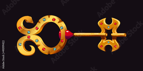 Golden key in the form of a golden snake with precious stones on a dark background. Vector illustration.