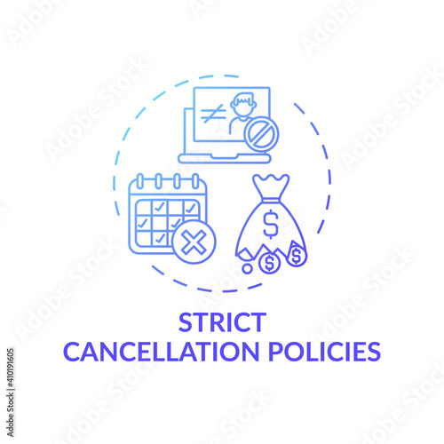 Strict cancellation policies concept icon. Online english teaching challenges. Hard to cancel planned lesson at school idea thin line illustration. Vector isolated outline RGB color drawing