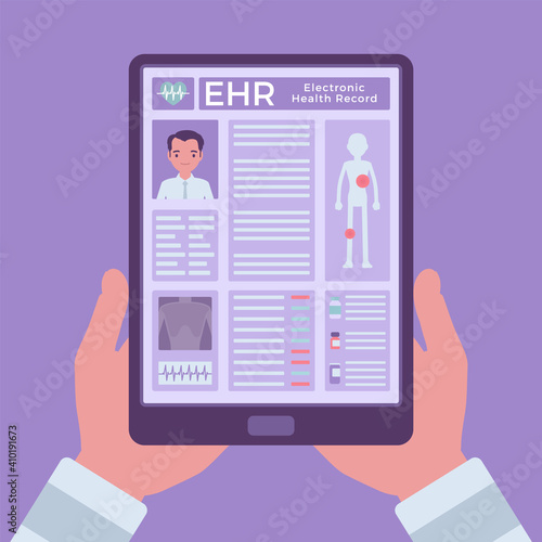 Electronic health record, EHR digital patient chart, tablet in hands. Screen with medical history, diagnoses, treatment plans, images, laboratory test results. Vector creative stylized illustration