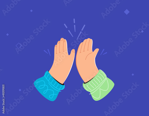 Two hands are giving a high-five. Concept vector illustration of hands gesture high five isolated on blue background. Greetings symbol of human hands friendly clapping and cheering