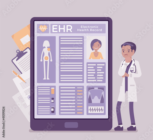 Electronic health record, EHR digital patient tablet chart, male doctor. New technology to replace paper clinical data, medical treatment history application. Vector creative stylized illustration