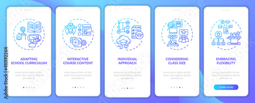 Online teaching tips onboarding mobile app page screen with concepts. Considering class size walkthrough 5 steps graphic instructions. UI vector template with RGB color illustrations