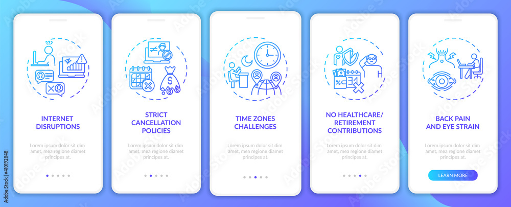 Fototapeta premium Online english teaching challenges onboarding mobile app page screen with concepts. No healthcare walkthrough 5 steps graphic instructions. UI vector template with RGB color illustrations