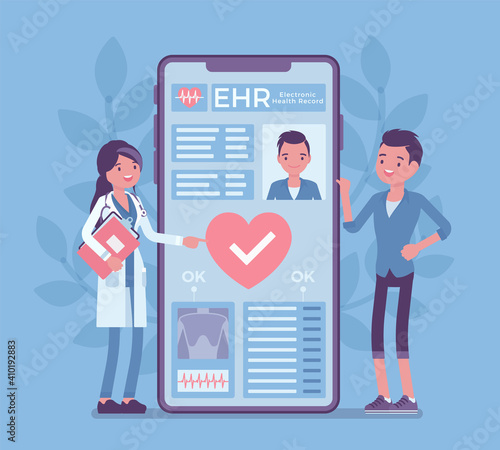 Electronic health record, EHR digital patient chart on smartphone. Female doctor reading medical, treatment history, clinical data of young man, healthcare app. Vector creative stylized illustration