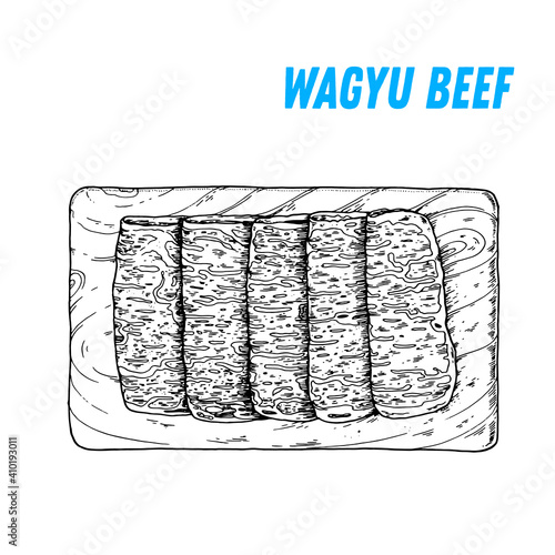 Wagyu sketch, japanese food, marbled beef. Hand drawn vector illustration. Sketch style. Top view. Vintage vector illustration.