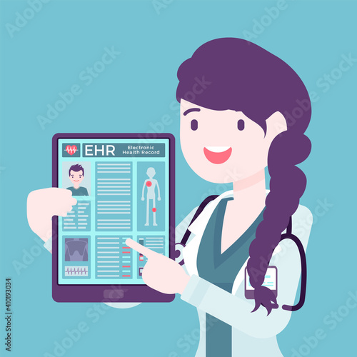 Electronic health record, EHR digital patient tablet chart, female doctor. Young woman holding device with clinical data, medical treatment history application. Vector creative stylized illustration