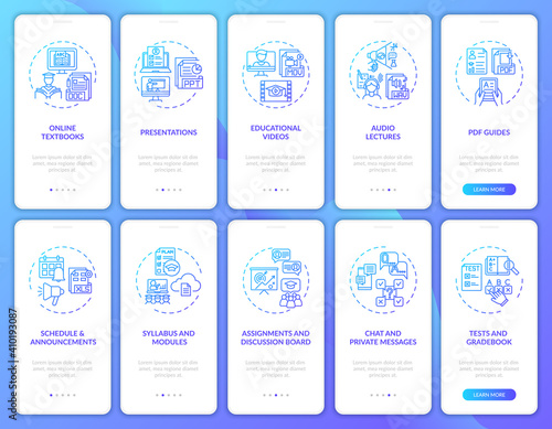 Online teaching onboarding mobile app page screen with concepts set. Online tutoring benefits walkthrough 10 steps graphic instructions. UI vector template with RGB color illustrations