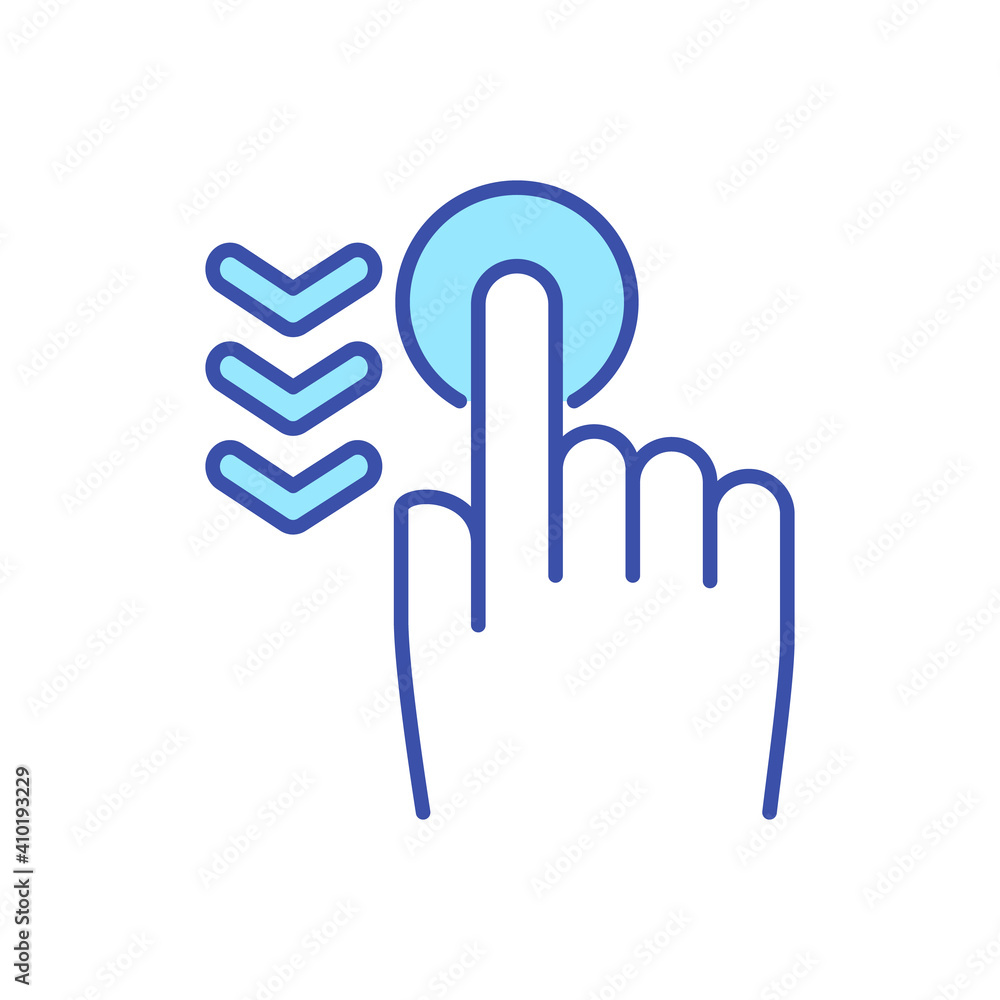 Touchscreen RGB color icon. Social media feed scrolling. Touch screen. Digital addiction. Smartphone dependence. Technology feature for cell phone. Device control. Isolated vector illustration Touchscreen RGB color icon. Social media feed scrolling. Touch screen. Digital addiction. Smartphone dependence. Technology feature for cell phone. Device control. Isolated vector illustration