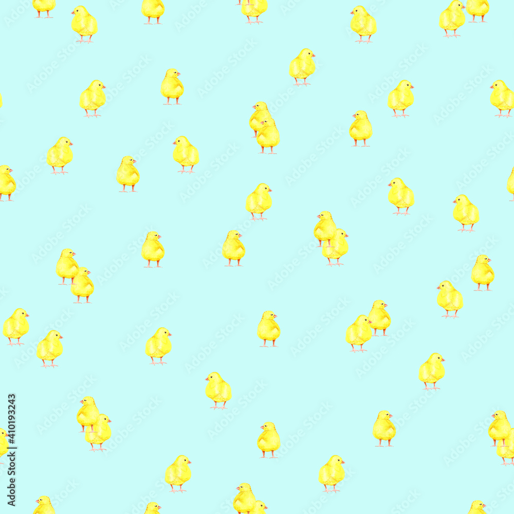 Happy chicken seamless pattern. Farm Animals, Rooster, Hen, Bio Eggs, Coop, Chicks, Nest, Eco Village. Isolated elements. Stock illustration. Hand painted in watercolor.