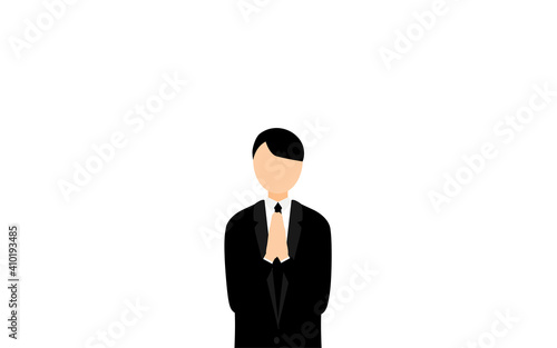 喪服を着た若い男性、合掌