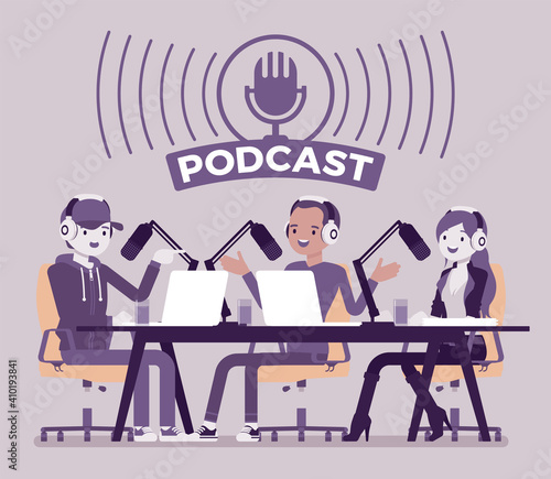 Podcast recording of audio discussion, program of talk. Young happy people enjoy doing interviews, making digital record with computer, microphone, headphones. Vector creative stylized illustration