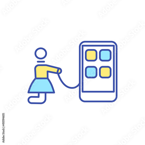 Smartphone addiction RGB color icon. Mobile phone dependence. Digital detox. Internet addiction. Social media use problem. Bad habit. Addicted to cellphone. Isolated vector illustration