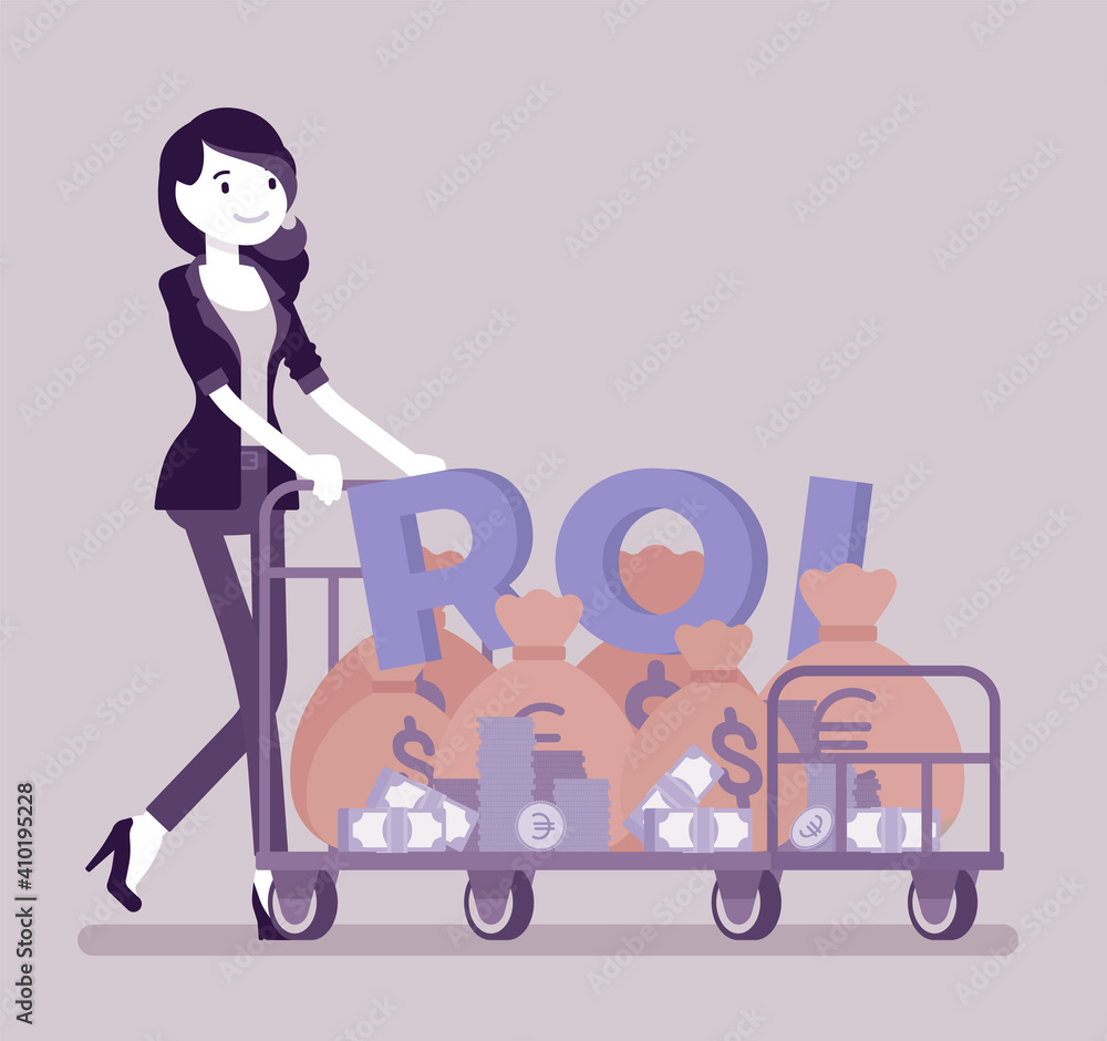 Return on Investment, ROI, businesswoman pushing trolley full of cash. Young woman with dollar sack cart, positive gain, financial training business performance. Vector creative stylized illustration Return on Investment, ROI, businesswoman pushing trolley full of cash. Young woman with dollar sack cart, positive gain, financial training business performance. Vector creative stylized illustration