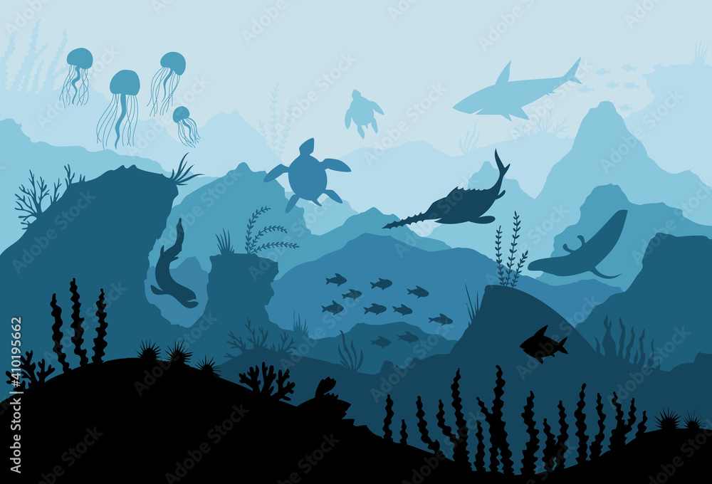 Fototapeta premium Underwater ocean fauna. Deep sea plants, fishes and animals. Marine seaweed, fish under water and animal silhouette with corals, algae seaweed cartoon background illustration.