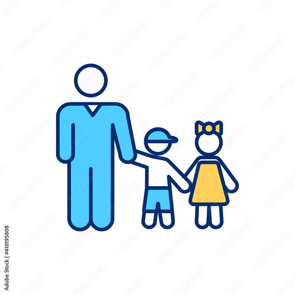 Single father RGB color icon. Dad with children. Daddy take care of daughter and son. Happy family. Businessman parenthood. Parental care. Kids with parent. Isolated vector illustration Single father RGB color icon. Dad with children. Daddy take care of daughter and son. Happy family. Businessman parenthood. Parental care. Kids with parent. Isolated vector illustration