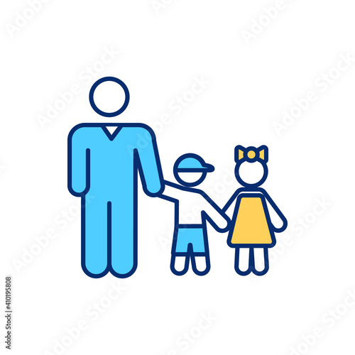 Single father RGB color icon. Dad with children. Daddy take care of daughter and son. Happy family. Businessman parenthood. Parental care. Kids with parent. Isolated vector illustration