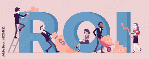 Return on Investment, ROI gaining, profit from an activity. Young happy business people among giant letters, profitability ratio for financial income statement. Vector creative stylized illustration
