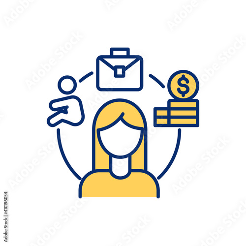 Woman career life balance RGB color icon. Working mother search for lifestyle harmony. Equal opportunities. Stress of female employee. Managing motherhood and work. Isolated vector illustration