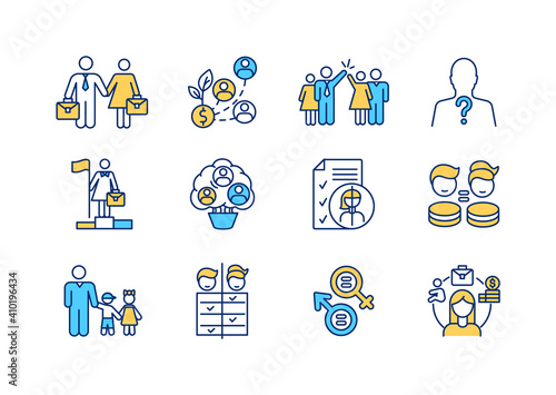 Gender issues RGB color icons set. Woman and man equality. Female employee fair treatment. Working wife and husband. Career growth. Company staff. Earning money. Isolated vector illustrations
