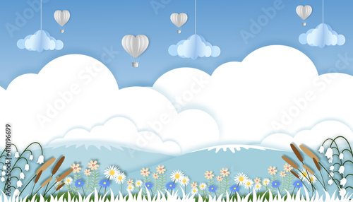 Vector illustration.Paper cut of moutains landscape in summer on blue tone,Paper art spring landscape with blue sky and hot air balloons heart flying,Flat cartoon on for Eco environmental backgroud