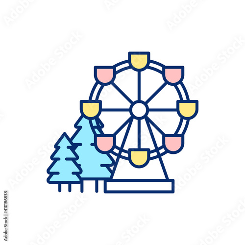 Winter wonderland attraction RGB color icon. Ferris wheel. Amusement park. Wintertime holiday recreation. Snow season fun activity. Seasonal carnival. Theme park. Isolated vector illustration