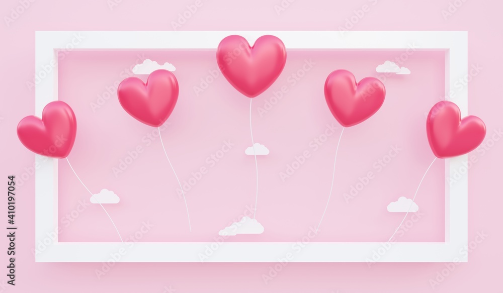 Valentine's day, love concept background, 3D illustration of red heart shaped balloons floating out of frame with paper cloud