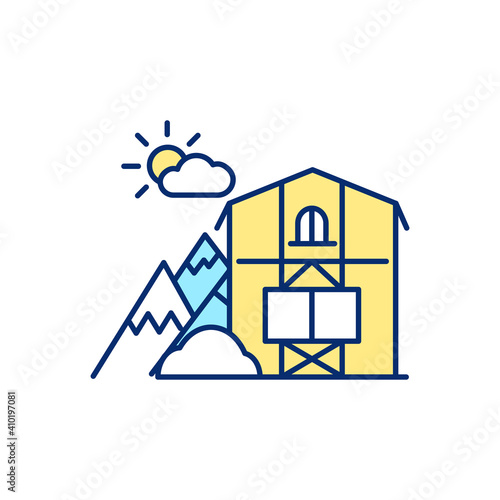 Mountain chalet RGB color icon. Rent cabin for winter vacation. Weekend getaway ski resort. Lodging for wintertime recreation. Hotel for christmas retreat. Isolated vector illustration