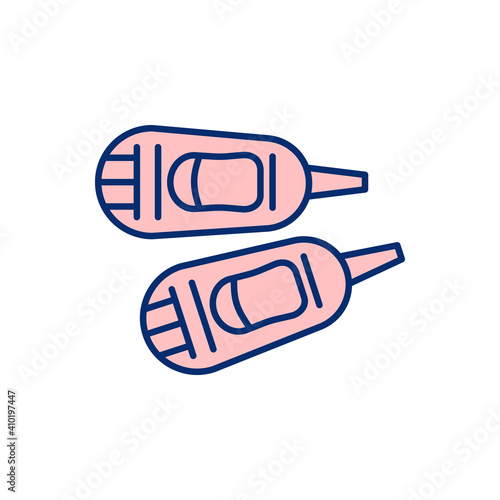 Snow shoeing RGB color icon. Winter activity. Cold season trip. Outdoor hiking. Snowshoeing for wintertime recreation. Exercise and sport. Winter vacation. Isolated vector illustration