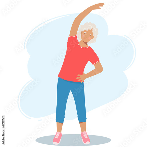 Elderly woman in sports clothes does exercises. Retired grandmother, a pension and a healthy lifestyle.