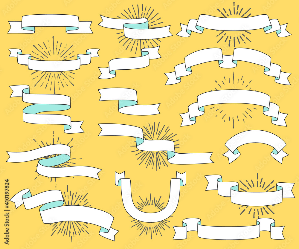 Fototapeta premium Set of old vintage ribbon banners and drawing in engraving style. Ivitation design element with sunburst. Illustration