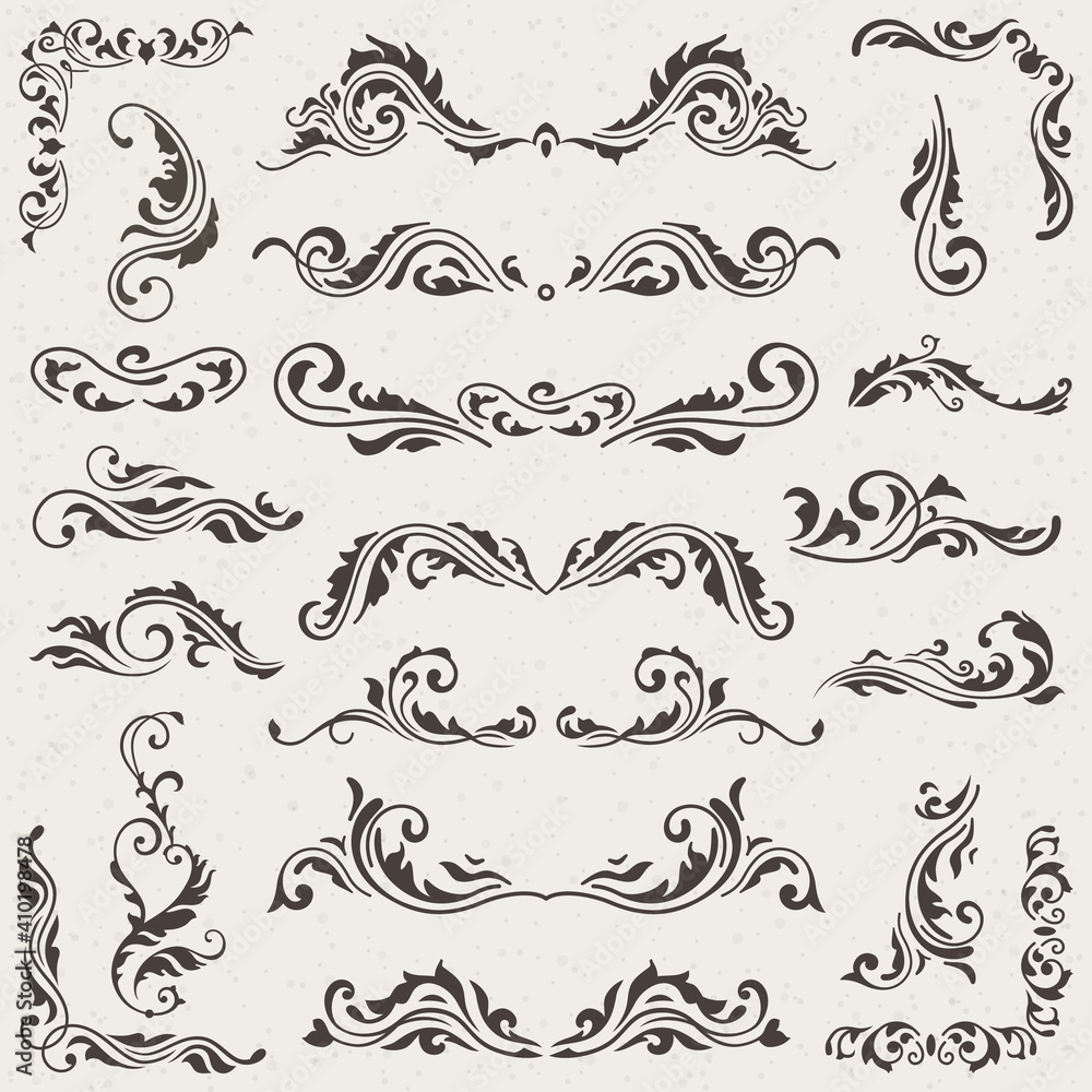 set of Swirl Elements for design. Calligraphic page decoration, Labels, banners, antique and baroque Frames floral ornaments. Old paper set of Swirl Elements for design. Calligraphic page decoration, Labels, banners, antique and baroque Frames floral ornaments. Old paper