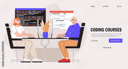 Programmer working on web development on computer. Concept of script coding and programming in python, javascript, PHP, HTML, CSS. Mobile app and computer software developing courses banner.