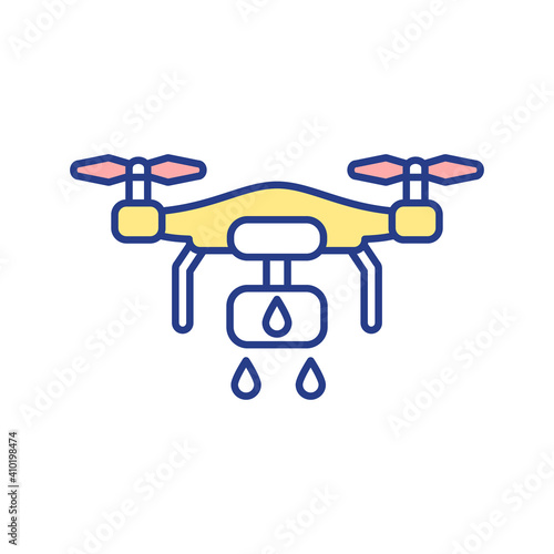 Spraying drone RGB color icon. Automated irrigation. Flying watering equipment for crops and harvest. Smart technology for agriculture business. Remote control. Isolated vector illustration
