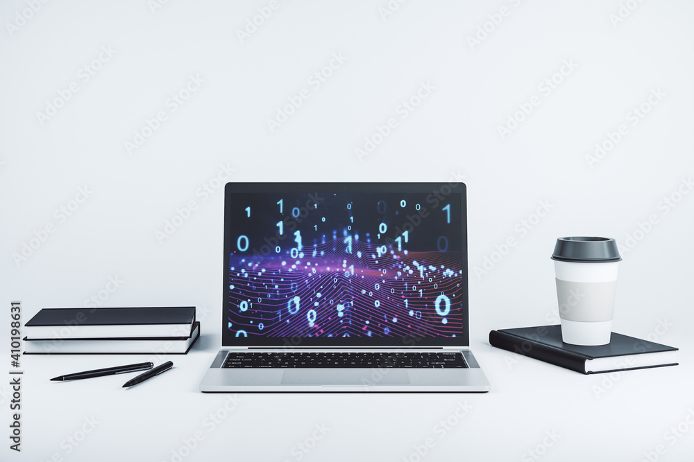 Creative concept of binary code illustration on modern laptop screen. Big data and coding concept. 3D Rendering Creative concept of binary code illustration on modern laptop screen. Big data and coding concept. 3D Rendering