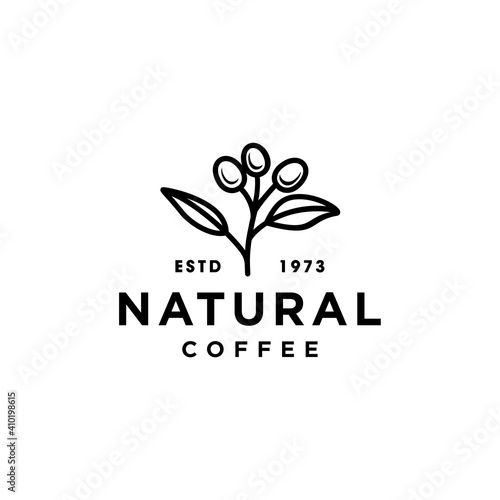 coffee bean plant branch hipster minimal logo vector with leaf simple line outline icon for natural cafe concept.
