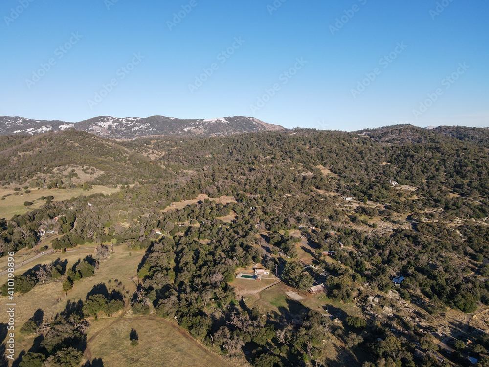 Aerial view of valley with farmland an forest in Julian, San Diego County, California, in the United States