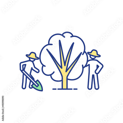 Community garden RGB color icon. Tree cultivation. Farmer with shovel. Gardeners caring for plant. Ranch workers. Farmland people. Fruit bush cultivation. Isolated vector illustration