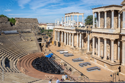 Different views of the Roman amphitheater of Mérida (Spain), a World Heritage city, a sunny summer morning