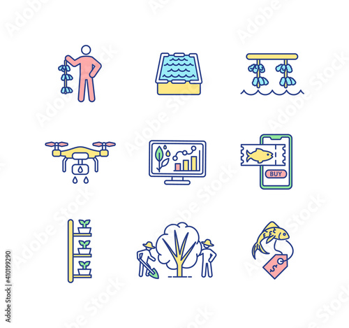 Agriculture production RGB color icons set. Oyster farming. Lease pond. Water pool for aquafarming. Drone for irrigation. Automation technology. Community garden. Isolated vector illustrations